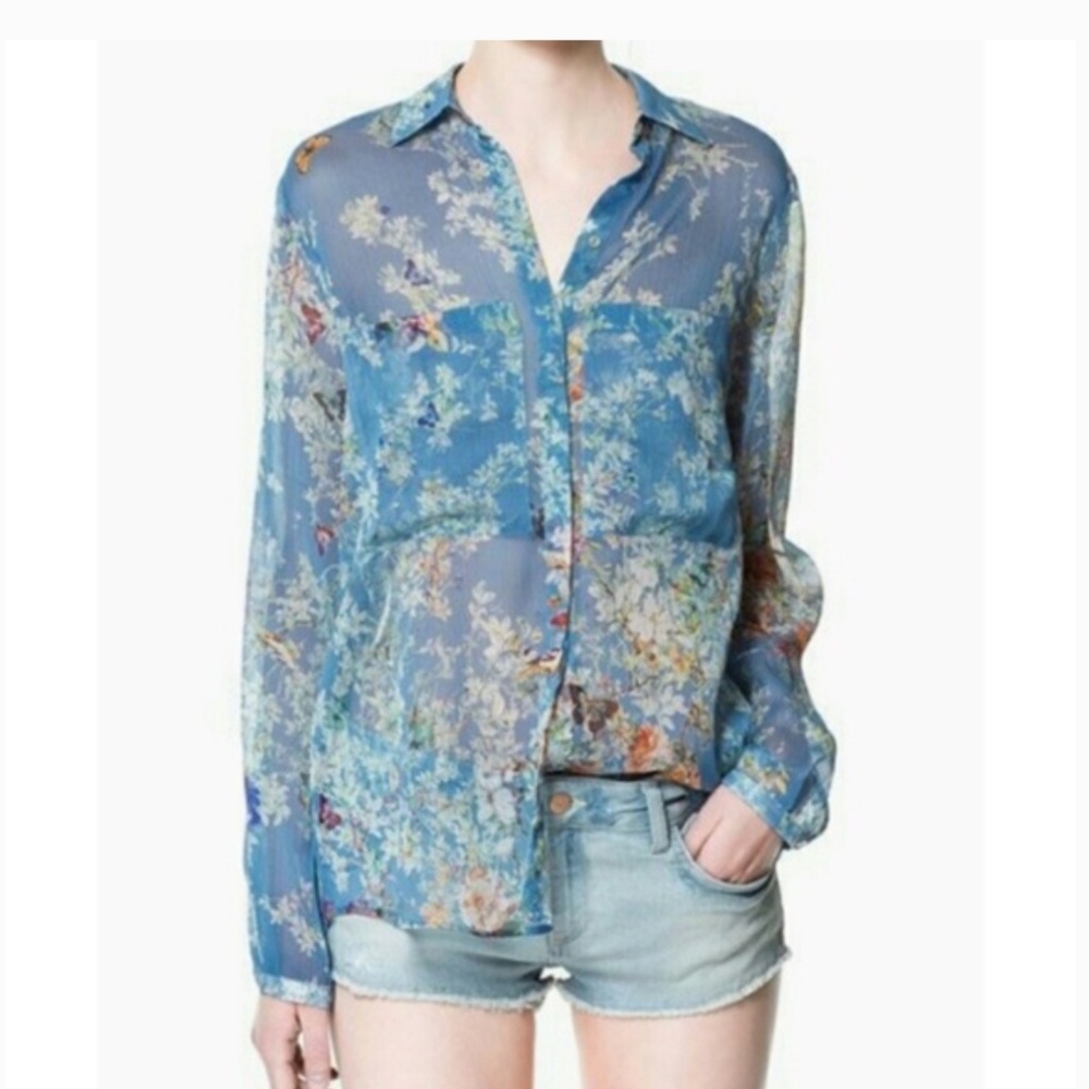 Zara Basic Sheer Floral Butterfly Button Up Blouse